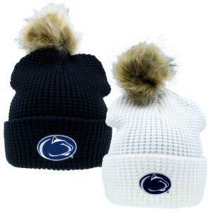 navy and white knit cuffed waffle hats with Penn State Athletic Logos and fur poms
